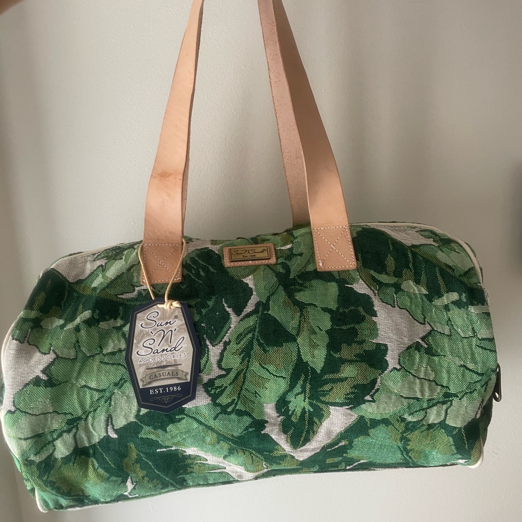 Sun N Sand Green Leaf Canvas Travel Duffel With Tan Straps